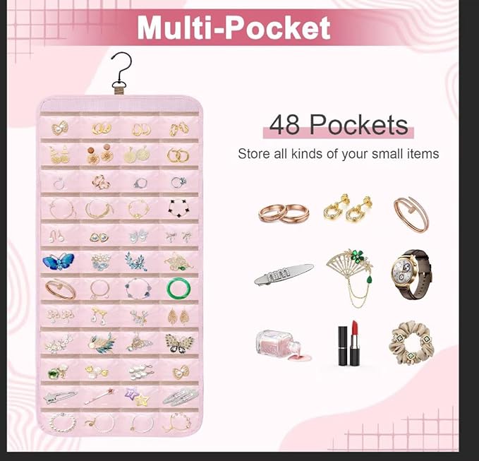 Dynoro Double-Sided Hanging Jewelry Organizer, Large Pink Storage Roll for Earrings, Necklaces, Rings, 48 Pockets 21 Hooks, D