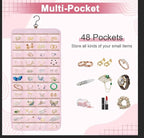 Dynoro Double-Sided Hanging Jewelry Organizer, Large Pink Storage Roll for Earrings, Necklaces, Rings, 48 Pockets 21 Hooks, D