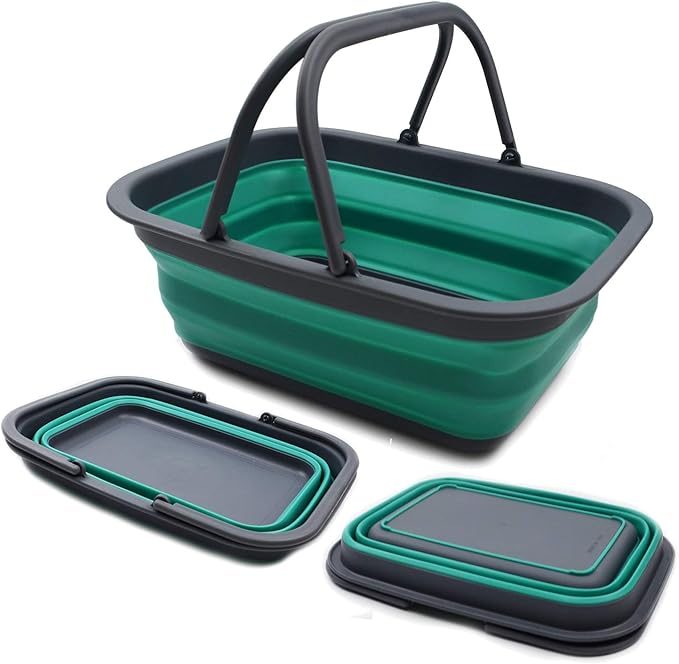 SAMMART SAMMART 9.2L (2.37Gallon) Collapsible Tub with Handle - Portable Outdoor Picnic Basket/Crater - Foldable Shopping Bag - Space Saving Storage Container (1, Turquoise Blue)