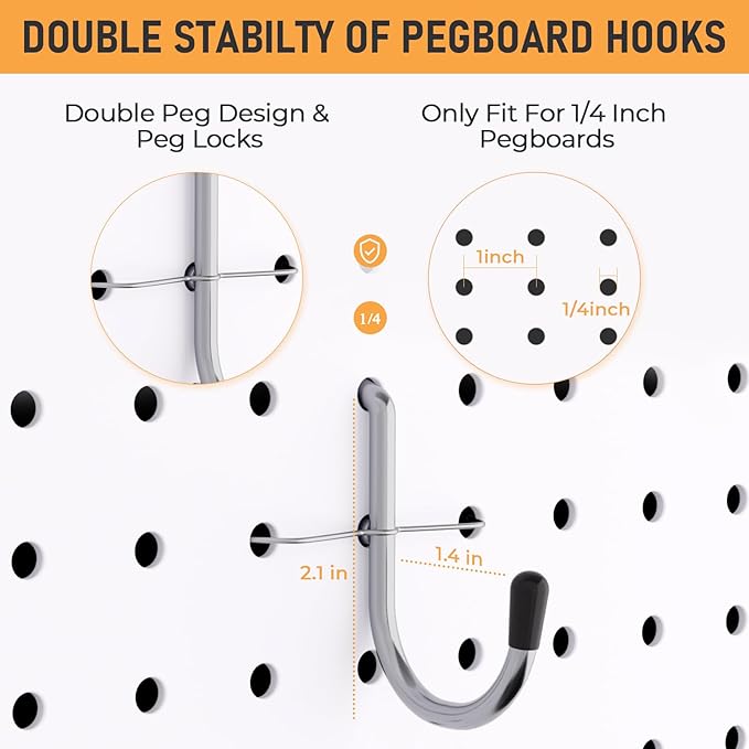 INCLY 1/4" Pegboard J Hooks, 100PCS Heavy Duty Peg Board Hooks Accessories with Peg Locks & Rubber Tipped, Peg Board Tool Han