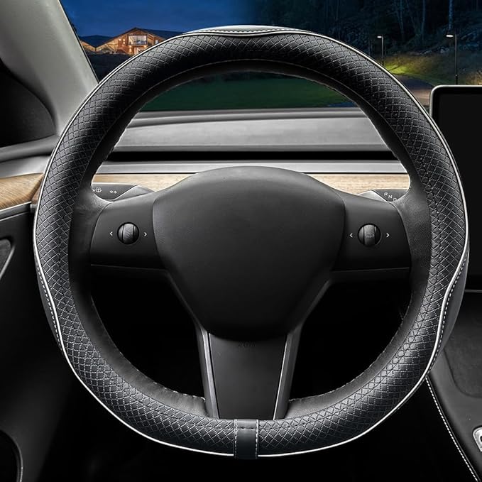 LKWLIKEI Nappa Leather Ultra-Thin Steering Wheel Cover, for Tesla Model 3/Y Steering Wheel Cover, Non-Slip Design and Interio