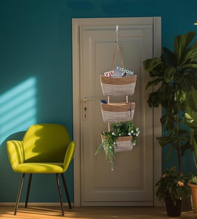 Over the Door Hanging Basket for Organizing 3 Tiers Woven Cotton Rope Wall Mount Storage basket Decorative Kitchen Hanging Or
