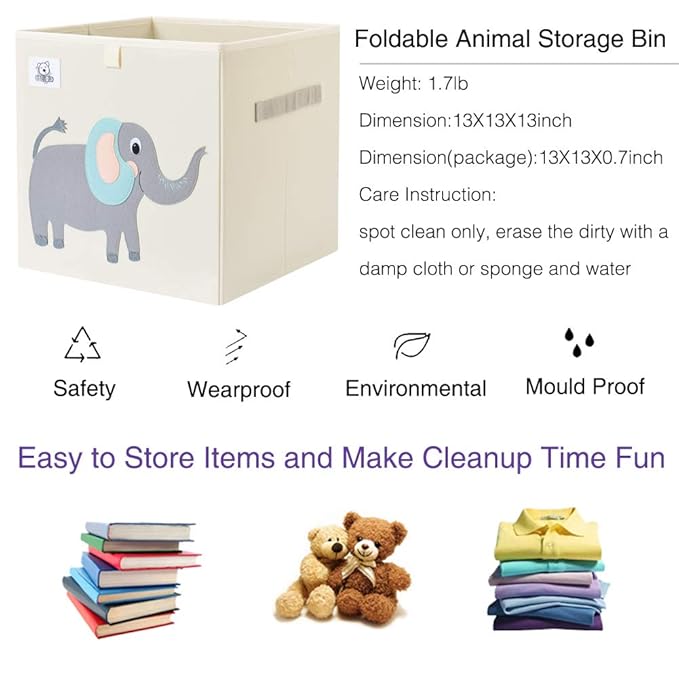 CLCROBD Foldable Animal Cube Storage Bins Fabric Toy Box/Chest/Organizer for Toddler/Kids Nursery, Playroom, 13 inch (Cute El