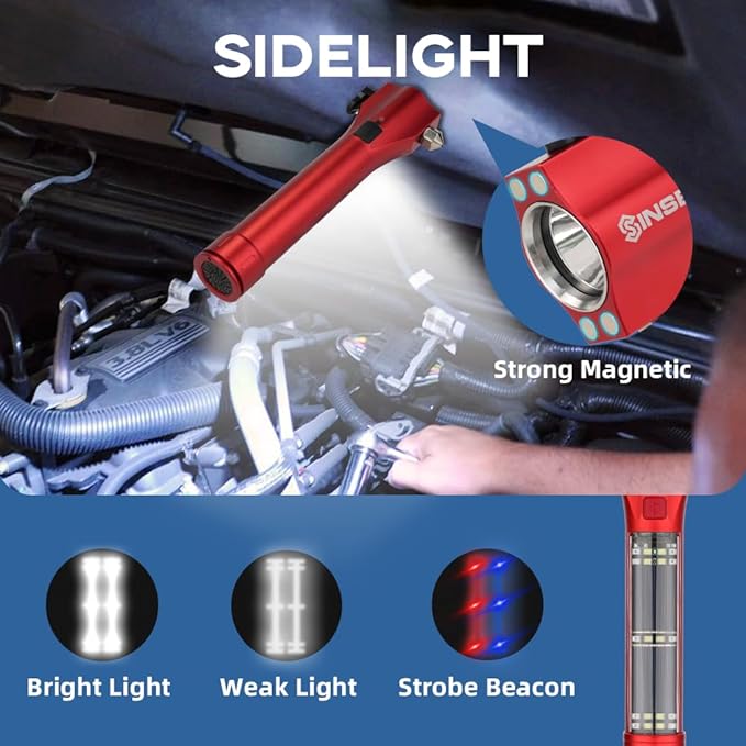 SINSEN Emergency Flashlight for Car, Seatbelt Cutter Window Breaker, 16-in-1 Multifunctional Safety Tool—Glass Hammer/Bright 