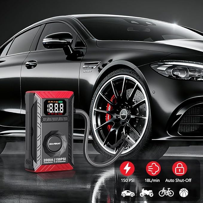 SEAMOUNT 2000A Jump Starter with Air Compressor Combo, Portable Car Battery Booster Pack for 6L Gas / 3L Diesel,