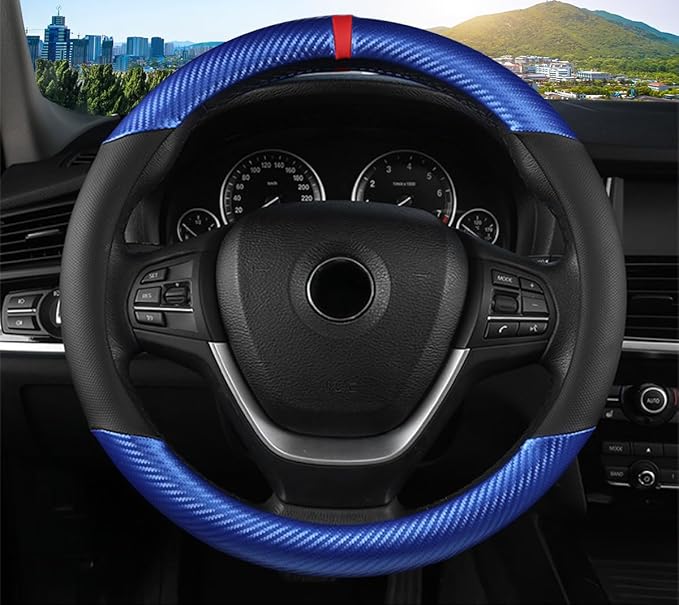 KAFEEK Carbon Fiber Steering Wheel Cover, Universal 15 Inch for Men Women, Breathable Microfiber Leather, Anti-Slip Inner Lin