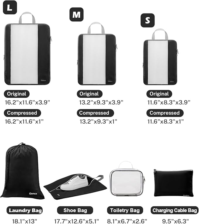Gonex Expandable Mesh Packing Cubes - 8 Set Compression Organizer for Travel Essentials with Toiletry, Laundry, Shoe & Cable 