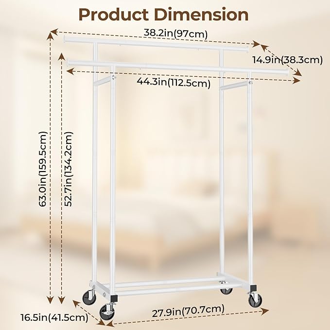 HYSEYY Double Rods Clothes Rack, Rolling Clothing Rack for Hanging Clothes Portable Wardrobe Rack, Metal Garment Rack Sturdy 