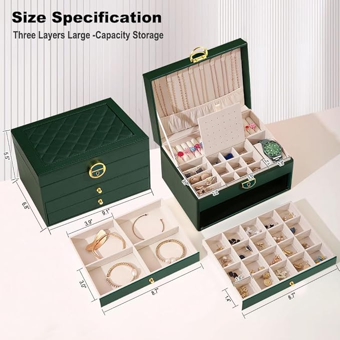 GUOER Jewelry Box for Women Girl Wife 3 Layers Large PU Leather Jewelry Organizer Storage Case with Two Layers Display for Ea