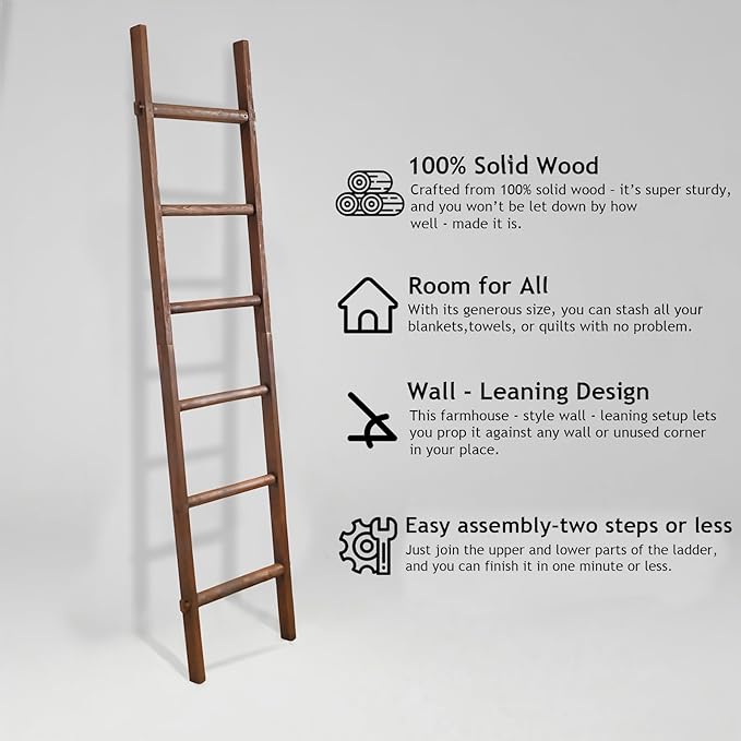 Blanket Ladder Pre Assembled 76in Wooden Ladder Shelf Living Room Bathroom Bedroom Decorative Wall Leaning Farmhouse Quilt Di