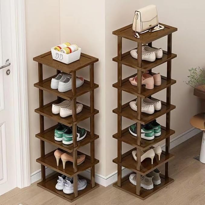 AFOORD Vertical Shoe Rack-Tall Narrow Shoe Rack Organizer for Small Spaces,12Tier Bamboo Shoen Shelf for Entryway,Closet,Corn