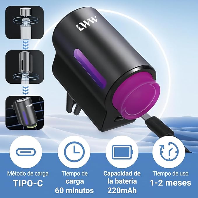 LWW Smart Car Air Freshener - 3 Levels Strength with Ventilation Clip, Rechargeable Car Fragrance Atomizer - with 8 10ml Bott