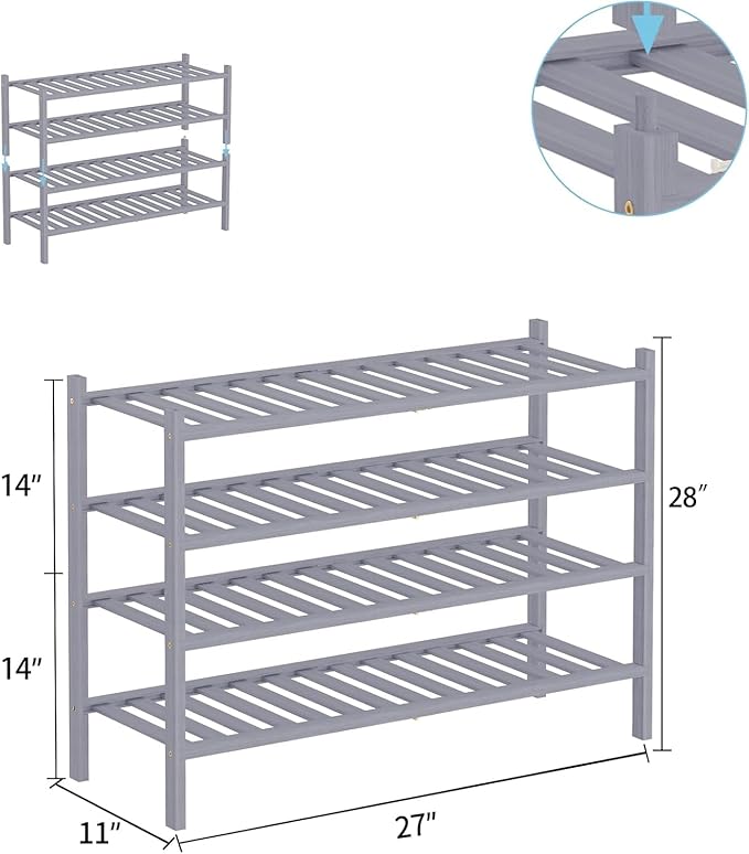 RONGJlA 4 Tier Bamboo Shoe Rack for Closet Free Standing Wood Shoe Shelf Storage Organizer for Entryway Small Space Stackable