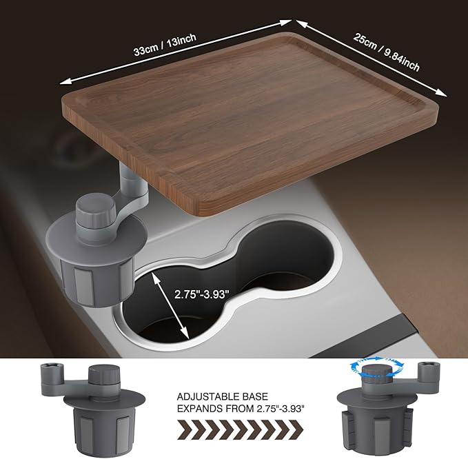 Car Tray & Car Desk for Laptop with Anti-Slip Protective Mat, 360° Rotating Wood Cup Holder Table, Eating Food, Working, Compatible with Tesla Model Y/3/S, Ford F150/Explorer/Maverick & Most Vehicles