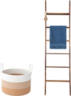 Novabright 3 Pcs Farmhouse Living Room Decoration Set with 5.6 Ft Wooden Blanket Ladder 20 x 13 Inches Large Woven Blanket Ba