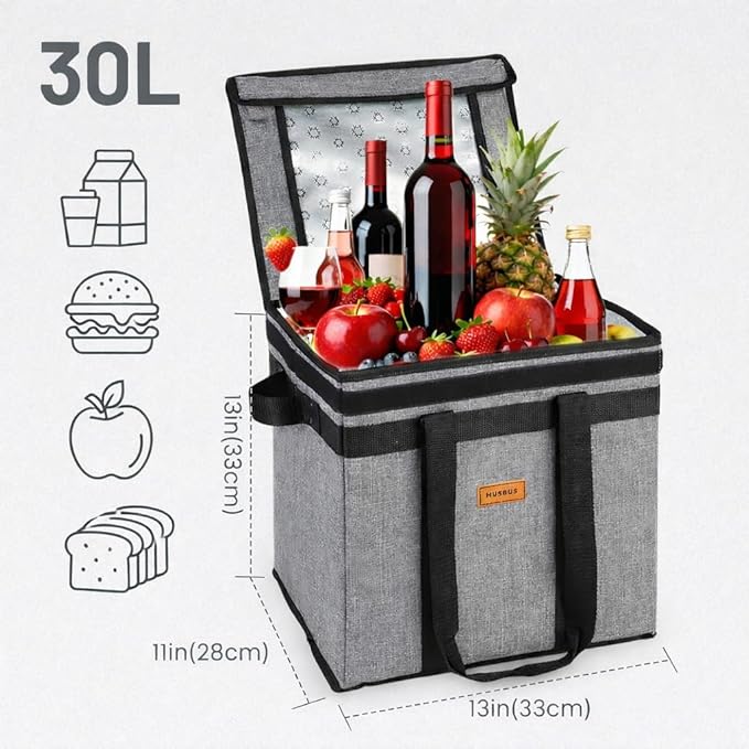 Musbus 2 Pack Reusable Grocery Bags Insulated Tote with Lid – Foldable Cooler Bag Hook & Loop Closure, Thermal Lining, Reinforced Bottom, 30L Heavy Duty Box, Water-Resistant for Shopping Picnic Trunk
