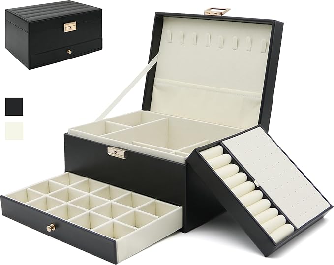 Jewelry Organizer, Travel Jewelry Box Organizers for Women Girls, Jewellery Display Holder 3 Layers Large PU Leather Jeweller