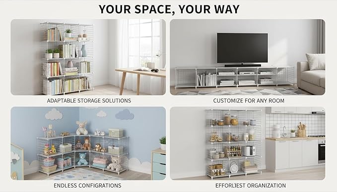 12-Cube Storage Organizer, Metal Wire Cube Shelving Unit, 11.8" L x 11.8" W x 11.8" H, Modular Grid Bookshelf for Closet, Bed