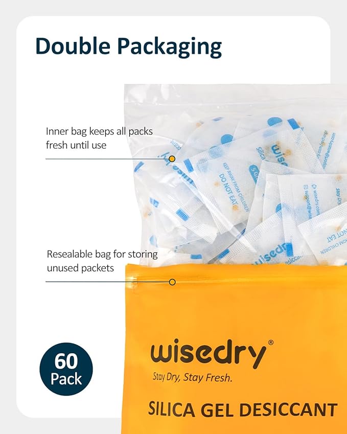 wisedry 5 Gram [60 Packs] Food Grade Silica Gel Packs Rechargeable Desiccant Dehumidifiers Pouches with Color-Indicating