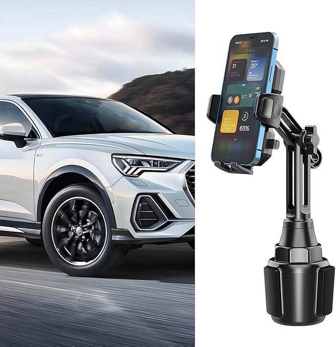 Car Cup Phone Holder, 360° Rotation Carbon Fiber Vehicle Cup Cellphone Holder with Long & Adjustable Neck, Auto Interior Smartphone Expander Mount Accessories, Universal Fit