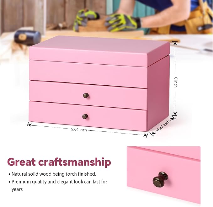 Meangood Jewelry Box Organizer for Women, 3 Layer Large Jewelry Storage Case, Rustic Wooden Jewelry Box with Mirror & Ring Tr