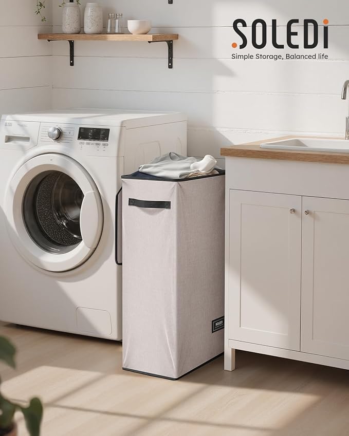 SOLEDI Slim Laundry Hamper with Lid, Narrow Laundry Basket with Removable Bags, Dirty Clothes Hamper with handle, Small Hampe