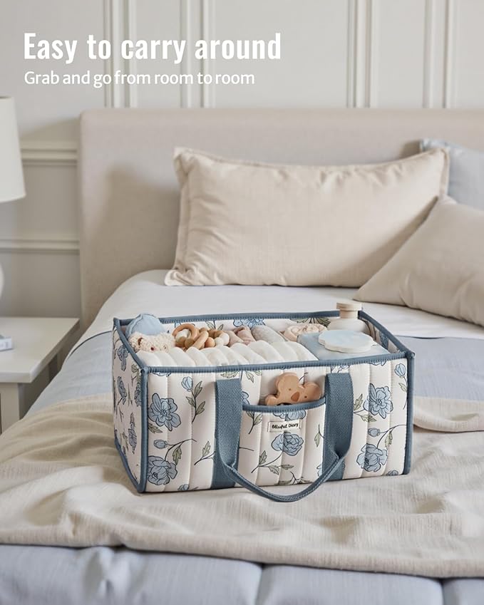 Blissful Diary Floral Diaper Caddy Organizer, Stylish Nursery Storage Basket, Gift for Baby Shower, Newborn Essentials, Peony