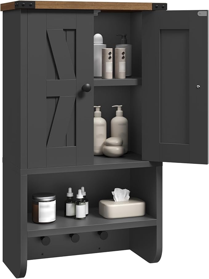MAHANCRIS Bathroom Wall Cabinet, Farmhouse Medicine Cabinet with Adjustable Shelf, 3-Tier Wall-Mounted Storage Cabinet with 3