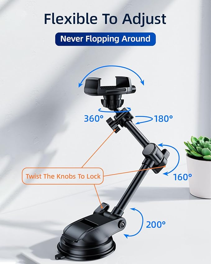 Car Phone Holder for Windshield Window Video Recording Vlogging Filming, Multi-Angle Adjustable & Rotatable & No Swiveling Car Phone Mount for 4.7"-6.9" iPhone 16 15 14 Samsung S25 Ultra