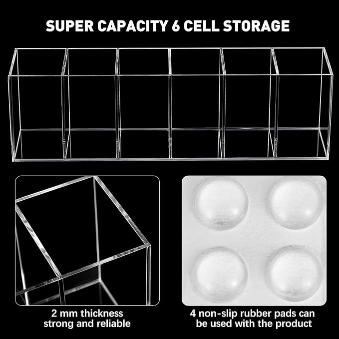 Jetec Acrylic Pen Holder 6 Compartments Makeup Brush Stationery Organizer Pencil Holder for Desk Accessories, Cosmetic Brushe