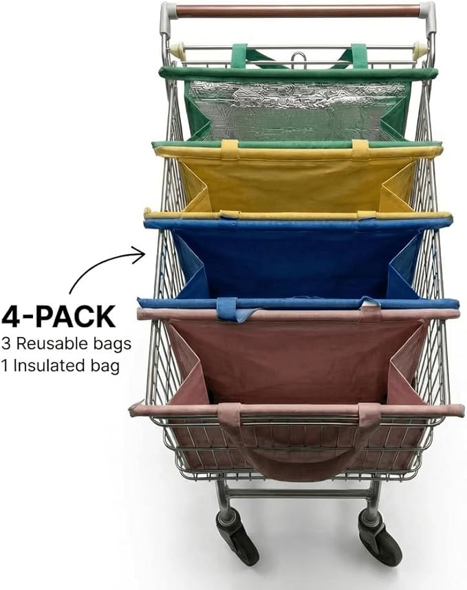 Shopping Cart Bags for Groceries, 4-Pack Collapsible Reusable Grocery Cart Bags with Sturdy Carry Handles + 1 Insulated Bag, 