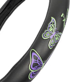 BDK GripGrab Comfort Grip - Purple & Green Butterflies on Black Synthetic Leather Steering Wheel Cover 15 inch