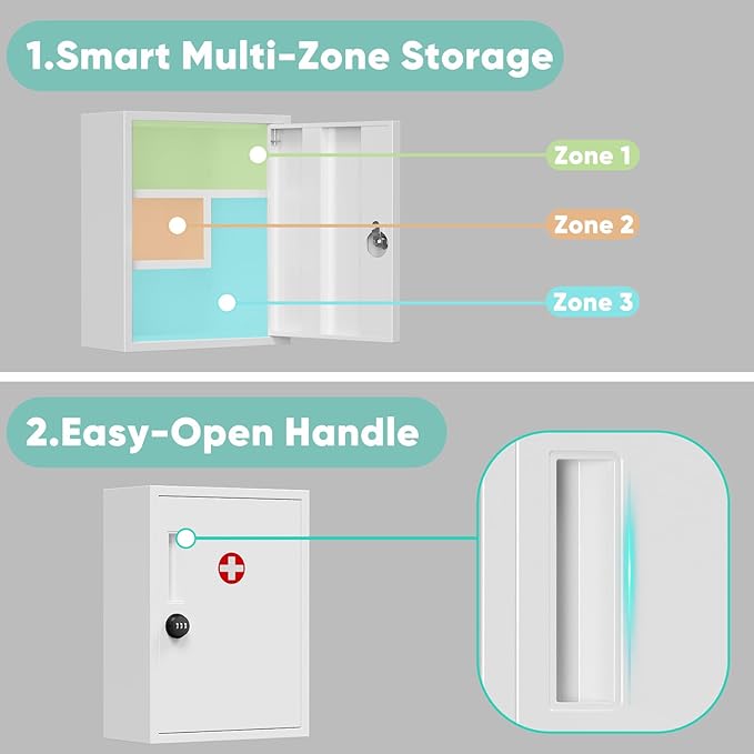 POKIPO Wall Mount Locking Medicine Cabinet, Empty Metal Medicine Storage Box with All-Metal Digit Lock, Bathroom Cabinet Orga