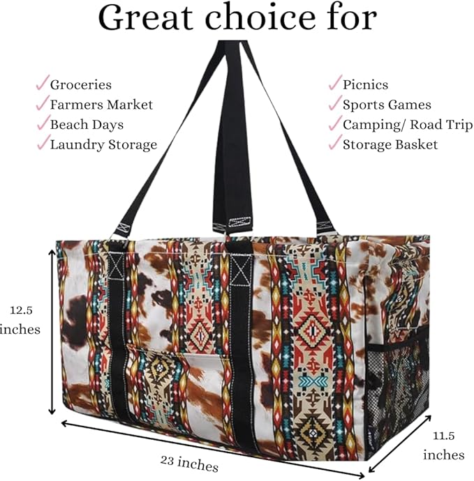 NGIL Extra Large Utility Tote Reusable Grocery Organizing Bag Oversized Collapsible for Storage, Picnic,Car, Beach (Tribal-black)