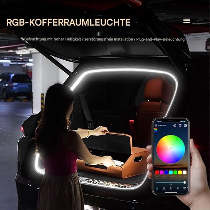 Dynamic Flowing Car Trunk Light Strip, RGB Custom Neon Atmosphere Light, Car Interior Decorative Strip Ambient Lighting with APP Control