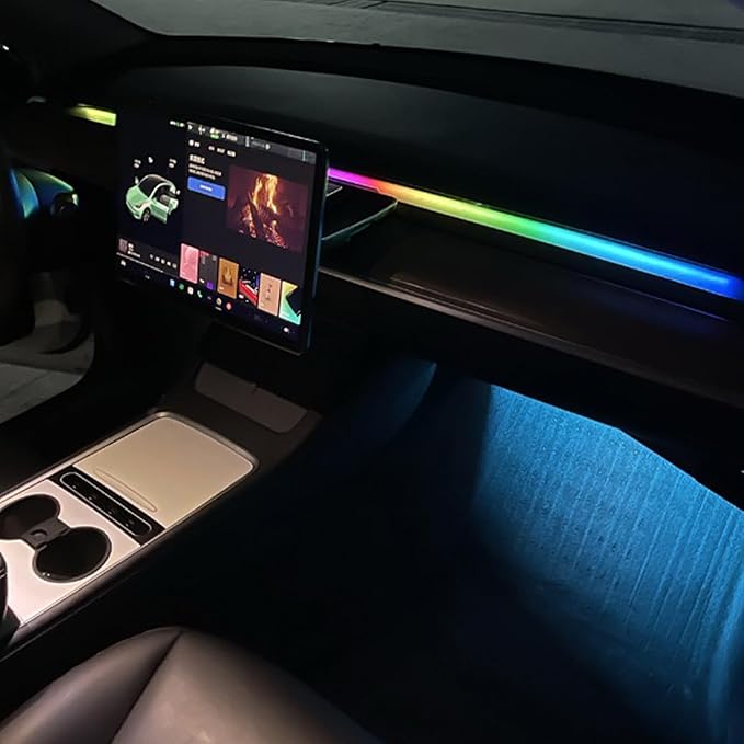 LED Car Ambient Lighting Strip for Tesla High Brightness with APP Control Multiple Colors and Car LED Strip Lighting Neon Lights for Model 3/Y (Dashboard& 4 Floor Lights)