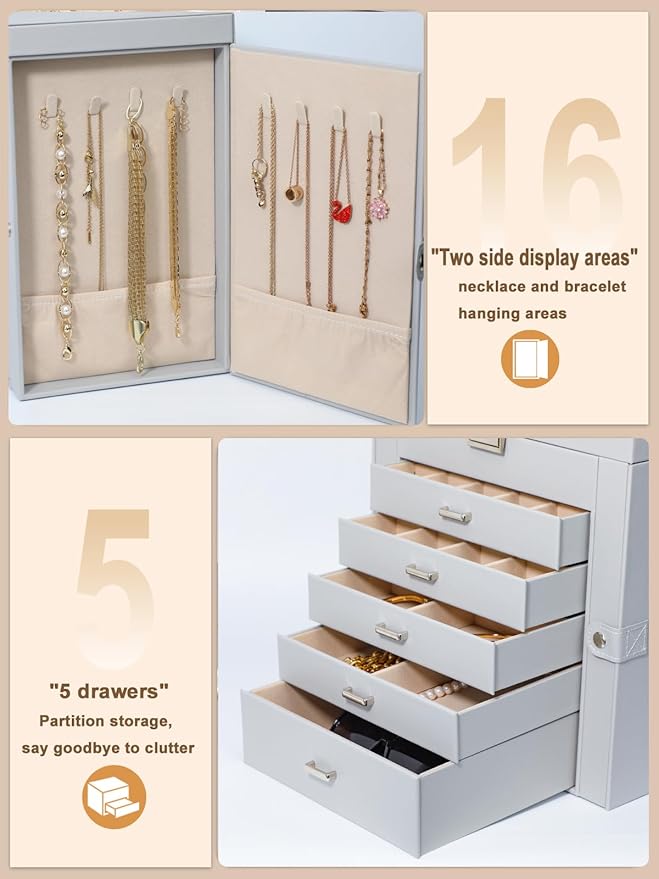 BOOVO Jewelry Box For women, 6 Layer Large Jewelry Organizer With Mirror, Multi-Function Storage Box With Lock, Necklace Hold
