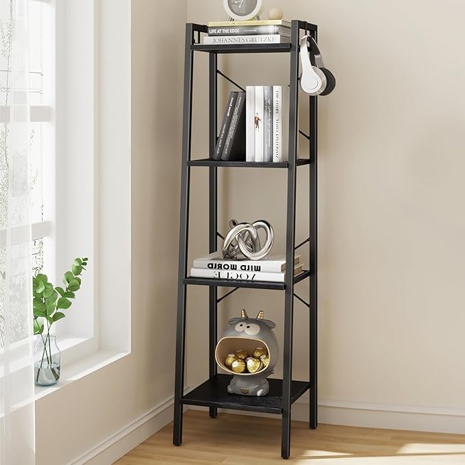 Hzuaneri Ladder Shelf, Bookshelf Bookcase, Freestanding Corner Storage Shelve with 2 Hooks for Home Office, Living Room, Kitc