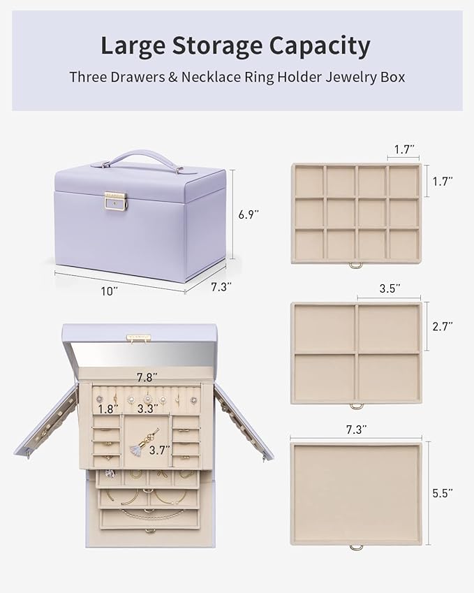 VLANDO Jewelry Box for Girls, 4-Tier Jewelry Organizer with Lock, Mirror Jewelry Box for Earring, Ring, Necklace and Bracelet
