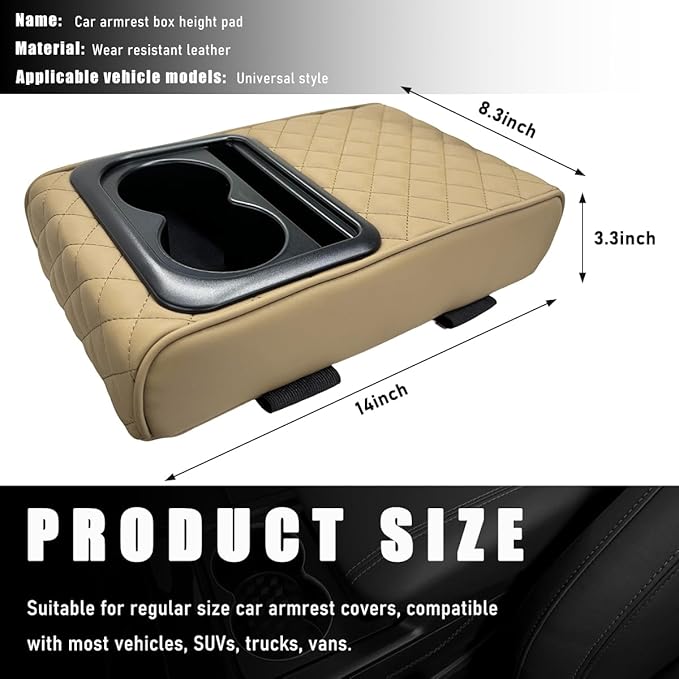 Car Center Console Armrest Pillow, Waterproof Car Armrest Cover Cushion with Cup and Phone Holder, Memory Foam Arm Rest Box Protector for Most Vehicles, Car Accessories (Beige)