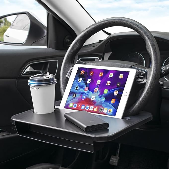 Steering Wheel Tray for Tesla Model 3 Y S X and Other Compact Cars, 2-in-1 Car Food Tray and Seat Gap Organizer, Compact Desk for Eating, Writing, Quick Work and Storage, Black