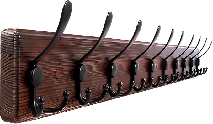 Kuhome 38.6'' Large Coat Rack Wall Mount Coat Hooks Coat Hanger with 10 Metal Black Triple- Hooks Brown Pine Real Wood Plank 
