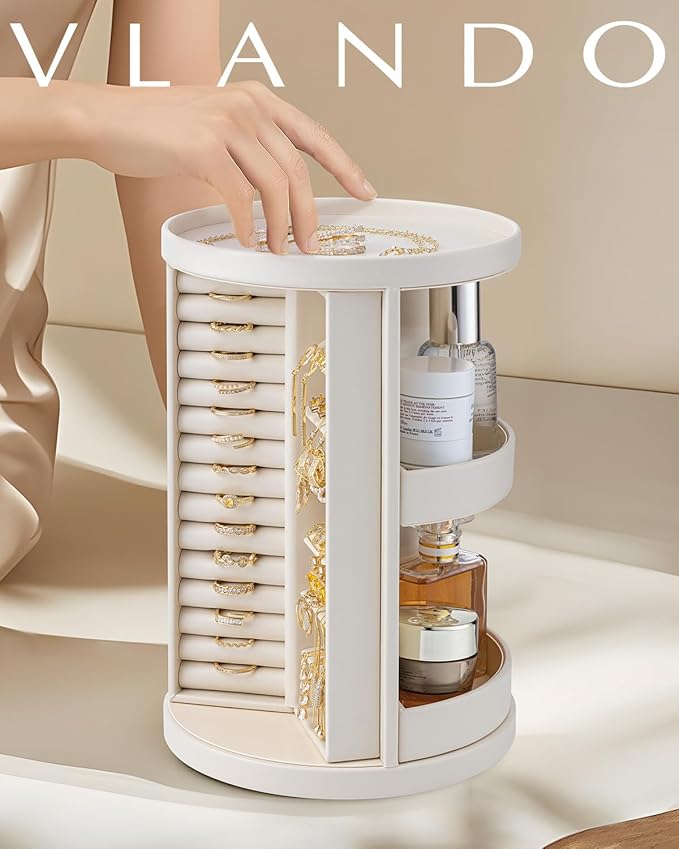 Vlando 360°Rotating Jewelry Box,Earring Organizer Large Vertical Jewelry Organizer with 6 Necklace Hooks, Open Ring Display S