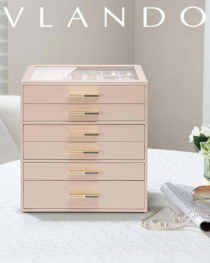 VLANDO 6 Layer Jewelry Box for Women, Glass Lid Jewelry Organizer with 6 Drawers for Necklaces Rings Earrings Bracelets - Tof