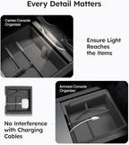 Wigoo Center Console Organizer for Tesla Model Y Juniper (Only Premium & Performance 2025 2026) and All Model 3 Highland Accessories [Double-Layer Storage, Smooth Sliding] 4PCS Gray