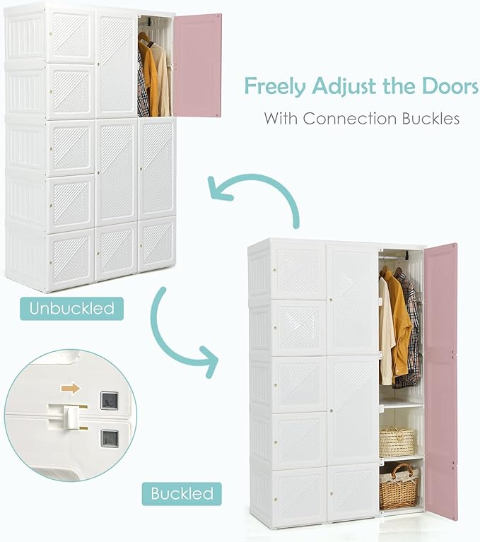 Tangkula Portable Closet Wardrobe, Foldable Clothes Organizer with Cubby Storage, Hanging Rods, Easy Assemble Clothing Storag