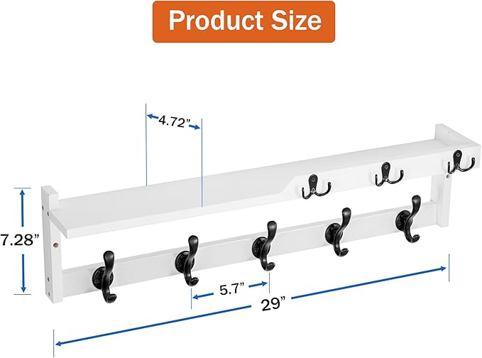 29'' Coat Rack Wall Mount with Shelf, Coat Hanger Wall Mount with Key Hooks and Mail Holder, Wood Entryway Floating Shelf wit