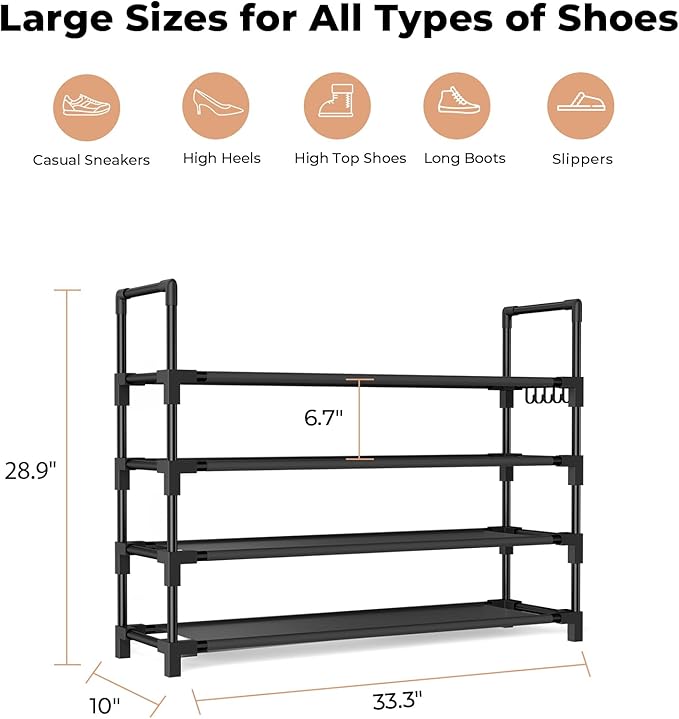 4 Tier Shoe Rack, Shoe Organizer Storage for 16-20 Pair Boot and Sneaker, Stackable Free Standing Shoe Shelf with Hooks and S