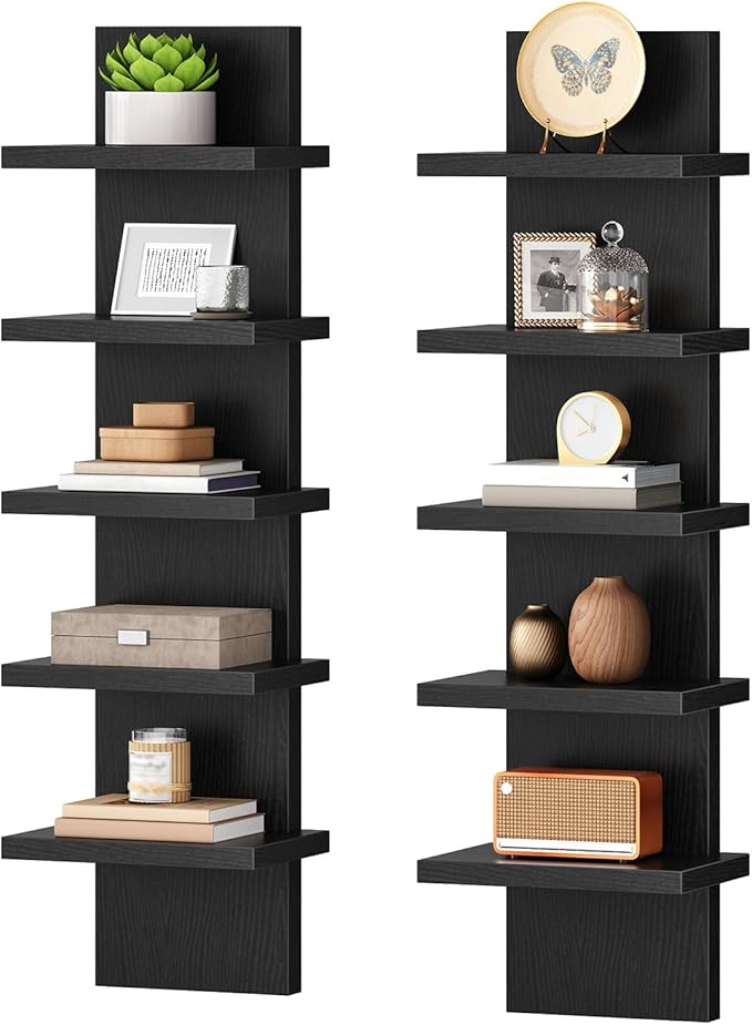 HOOBRO 5 Tier Wall Shelf Unit, 2 Pack Floating Shelves Wall Mounted, Wall Mount Vertical Shelving, Floating Storage Rack, Org