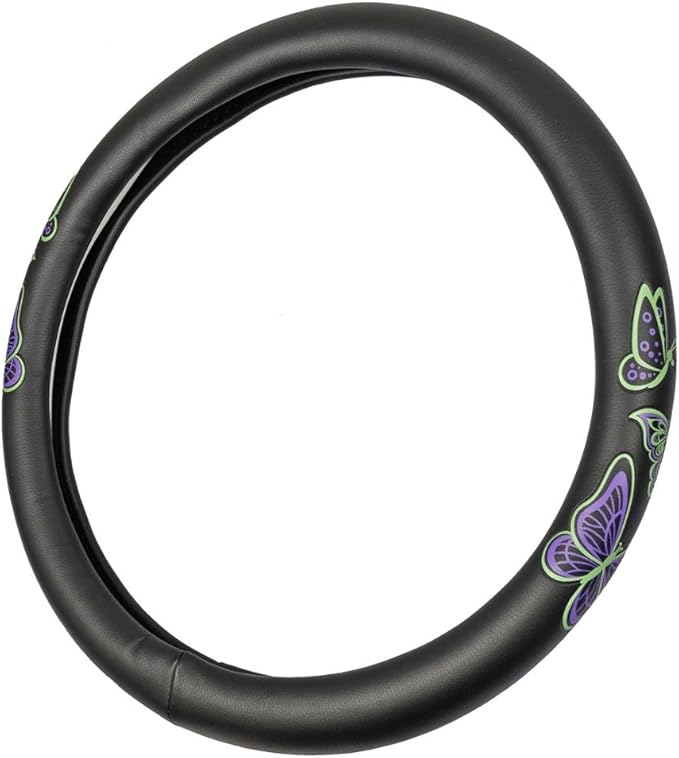BDK GripGrab Comfort Grip - Purple & Green Butterflies on Black Synthetic Leather Steering Wheel Cover 15 inch